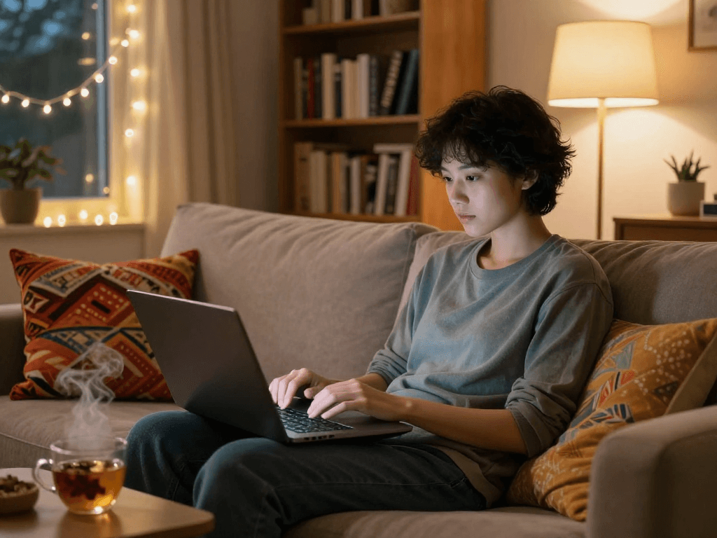 Engaging ai porn chat in a cozy living room with warm lighting and inviting decor.