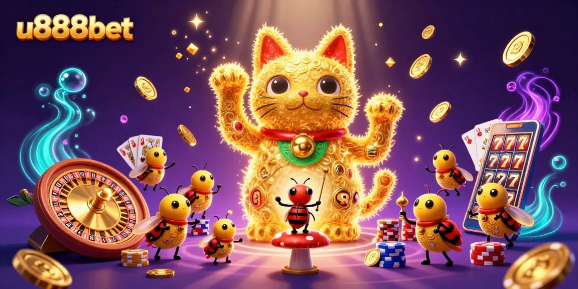 Experience u888bet's vibrant casino excitement with a lucky cat, flying coins, and card symbols.