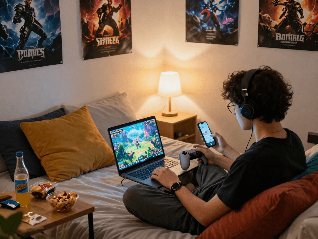 Playing a porngame on a laptop in a cozy gaming environment.