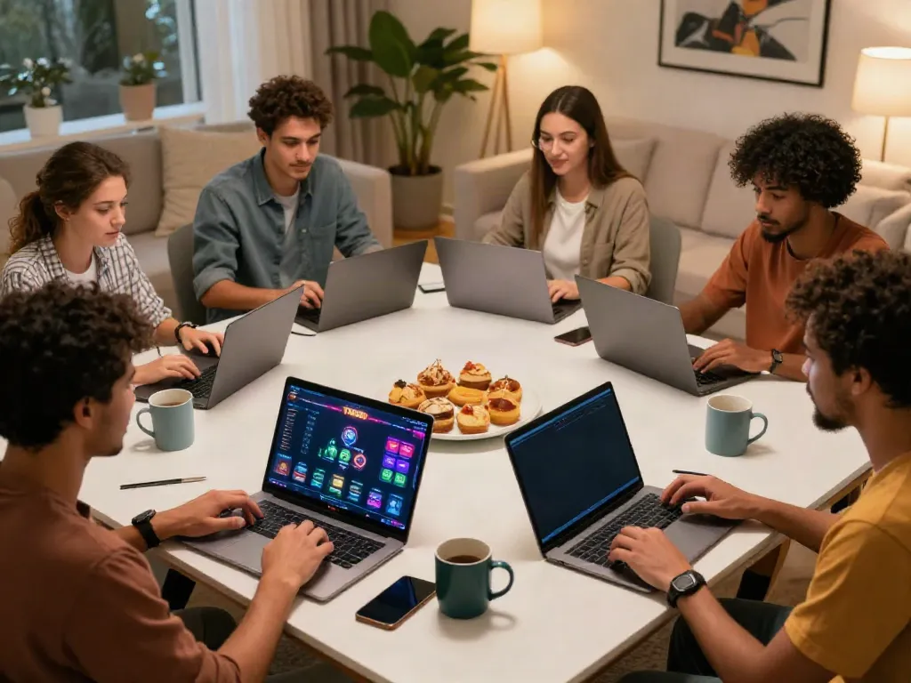 Friends enjoying online gaming at home with TX88 platform displayed on their devices, creating a lively social atmosphere.