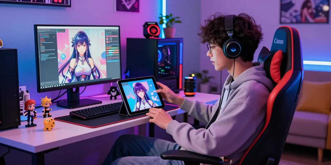 User engaging with an ecchi AI character on a tablet in a colorful gaming setup with ambient LED lighting.