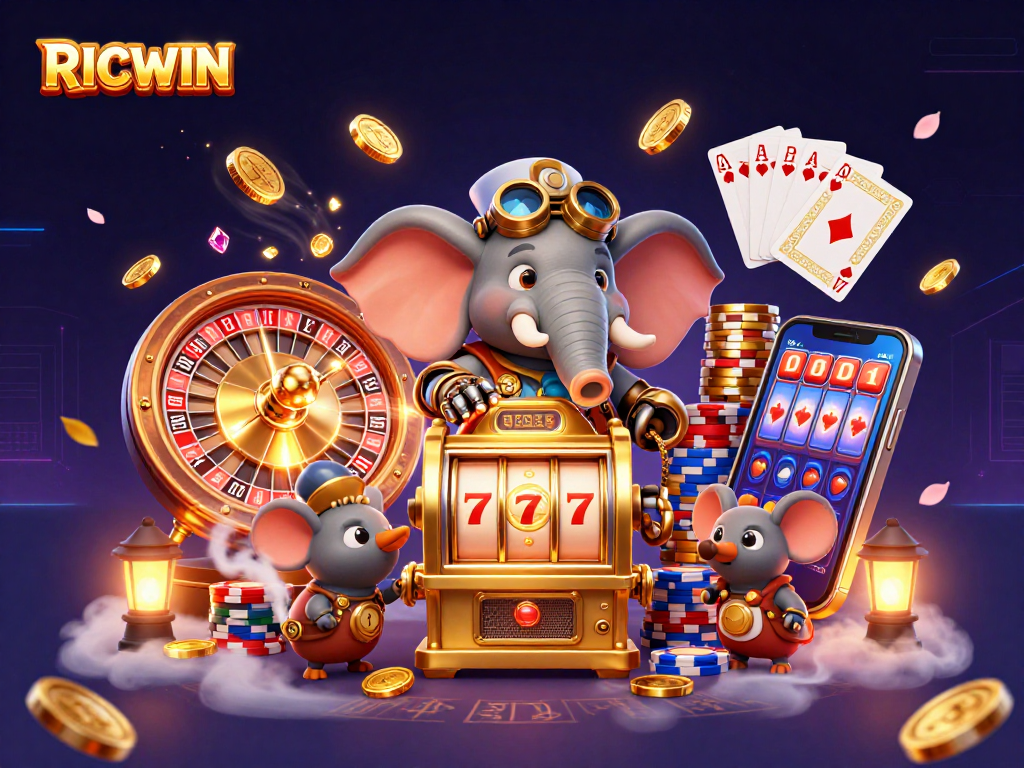 Experience thrilling winnings with RICWIN in this vibrant 3D casino scene with steampunk elements.