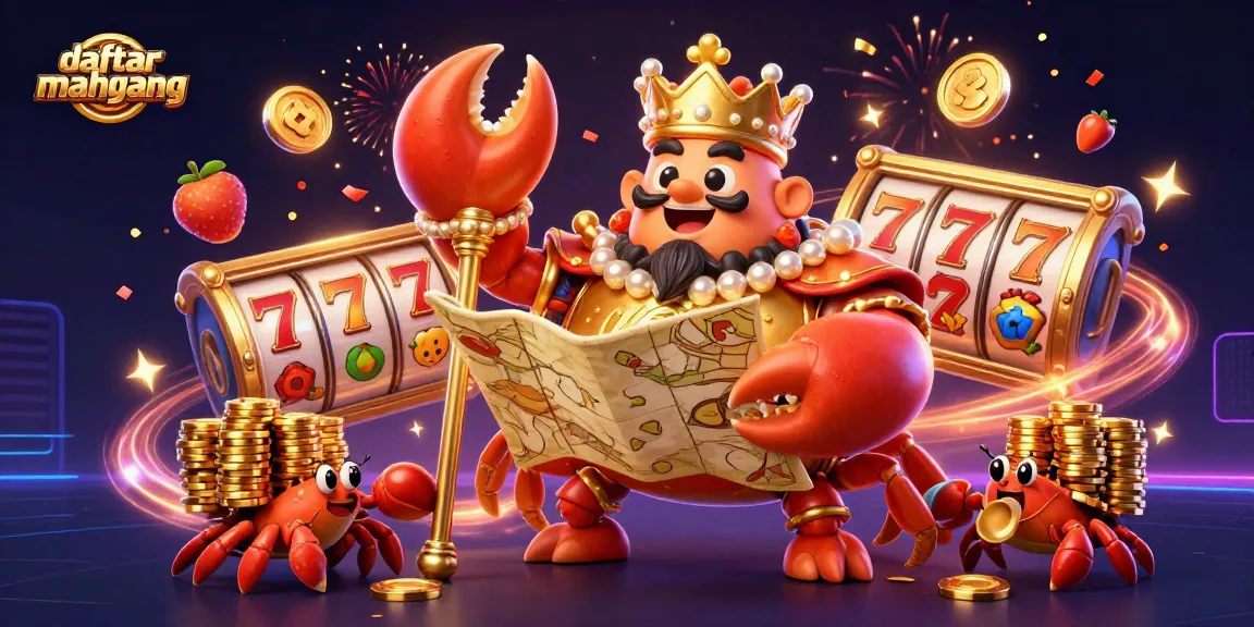 Experience daftar mahjong with a golden crab emperor, slot reels, and bursting colors in this vibrant casino illustration.