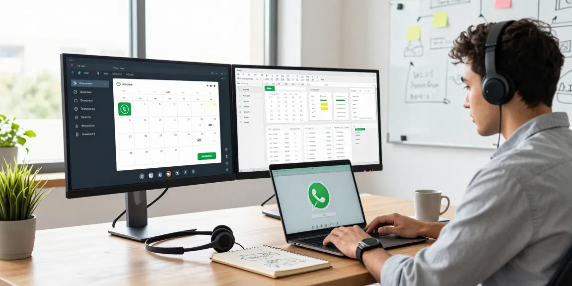 Professional using WhatsApp電腦版 in a modern office setup with dual monitors and video conferencing.
