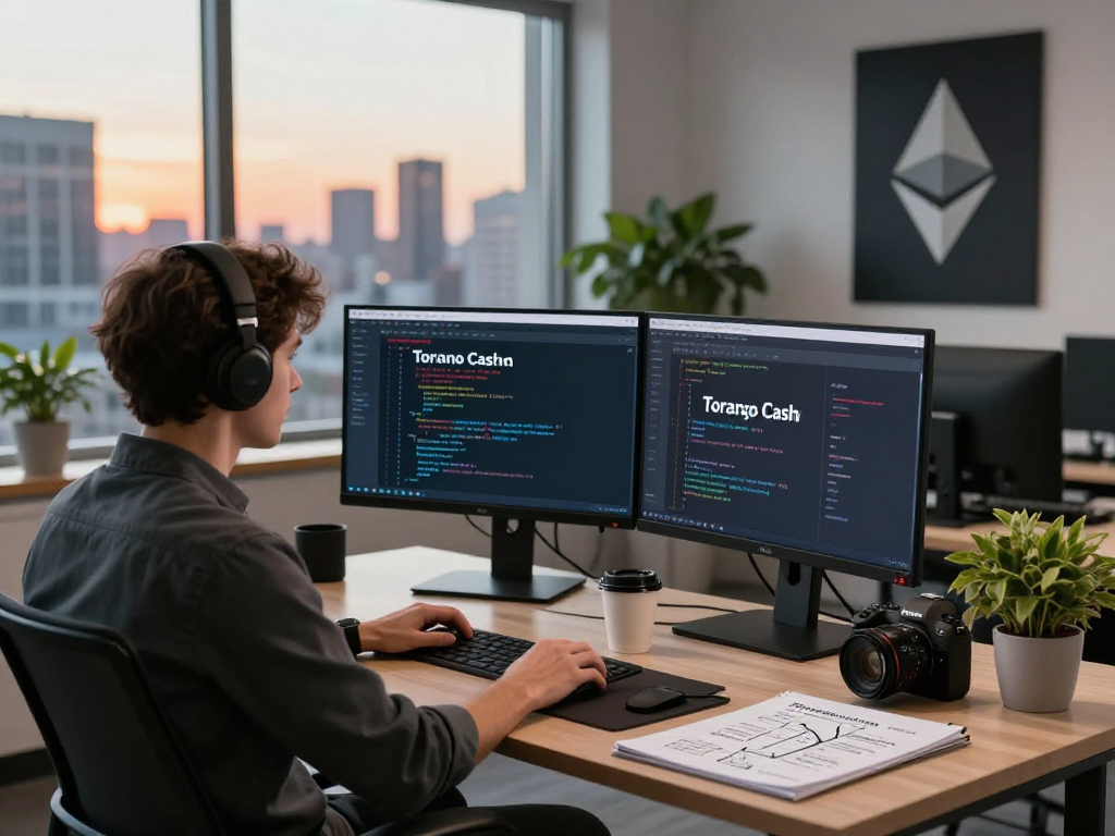 Tornado Cash workspace with developer coding on multiple monitors, showcasing cryptocurrency privacy technology