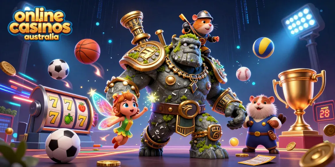 Play at online casinos Australia with a magical scene featuring a golem, fairy, and hamster knight.