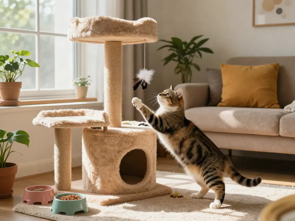 Interactive cat cat tree in a warm living room with a playful cat exploring its multi-level platforms and toys.