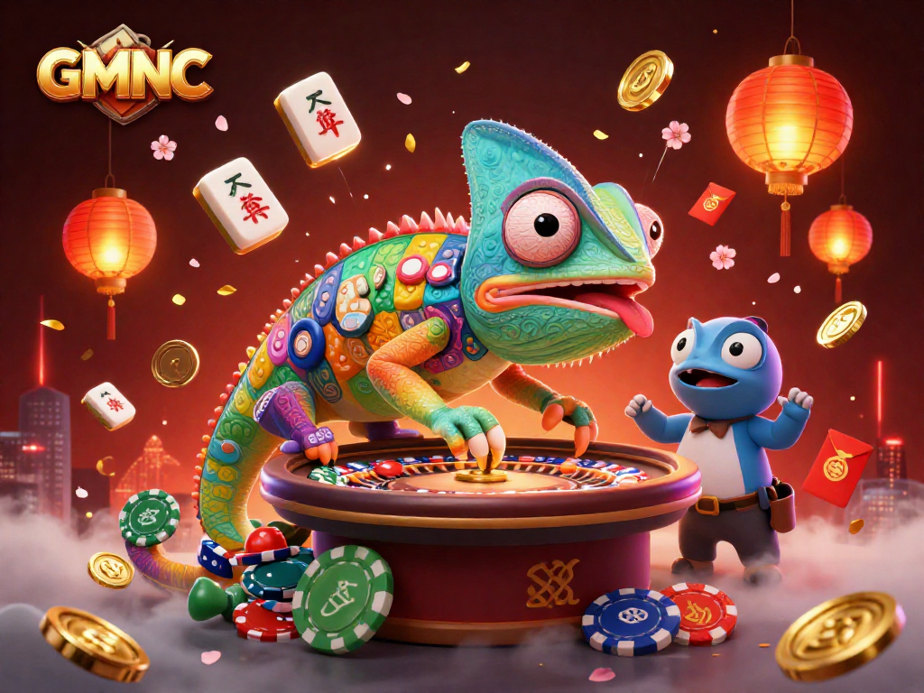 Engage with GMNC’s vibrant 3D casino illustration featuring a chameleon owner dynamically amidst gaming symbols.