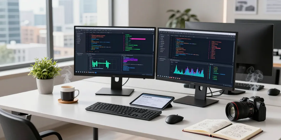 A vibrant tech workspace showcasing AI SEO tools with a developer analyzing data on monitors and a notebook filled with ideas in a modern office environment.