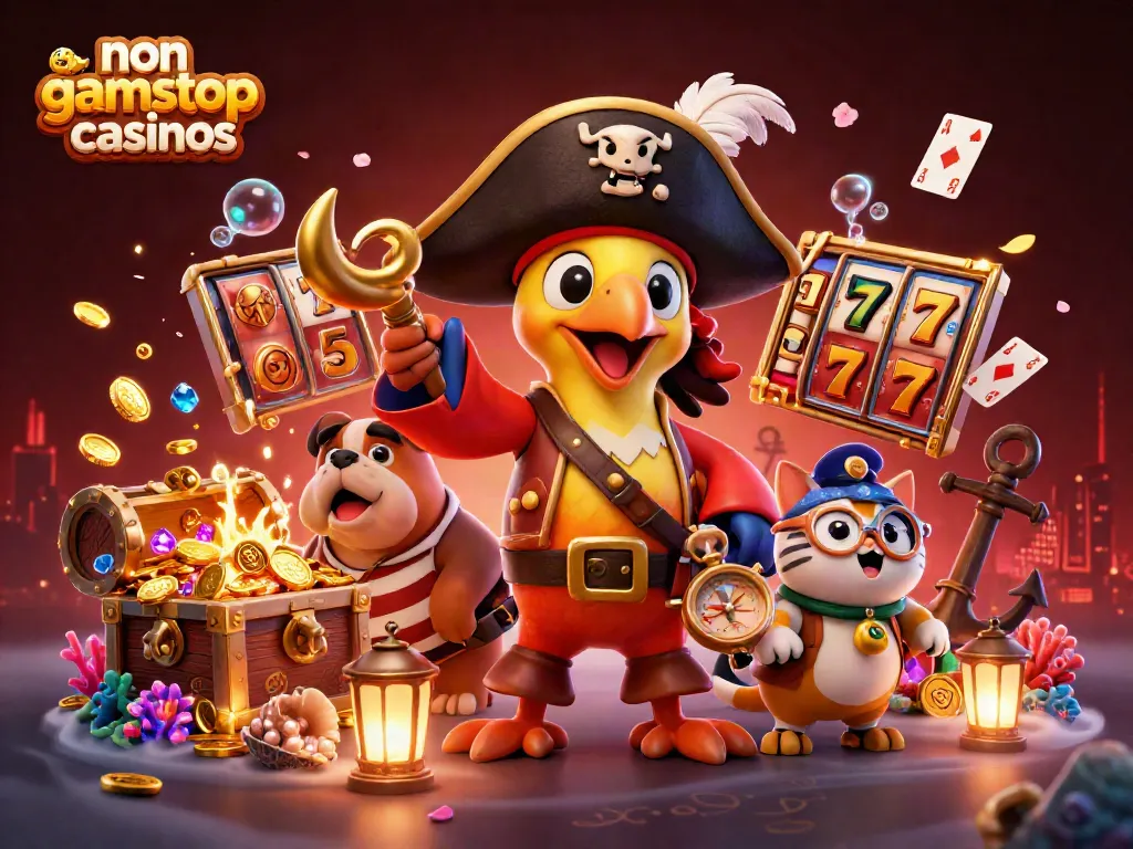 Explore non gamstop casinos with a vibrant pirate-themed 3D casino illustration showcasing lively characters and gaming elements.