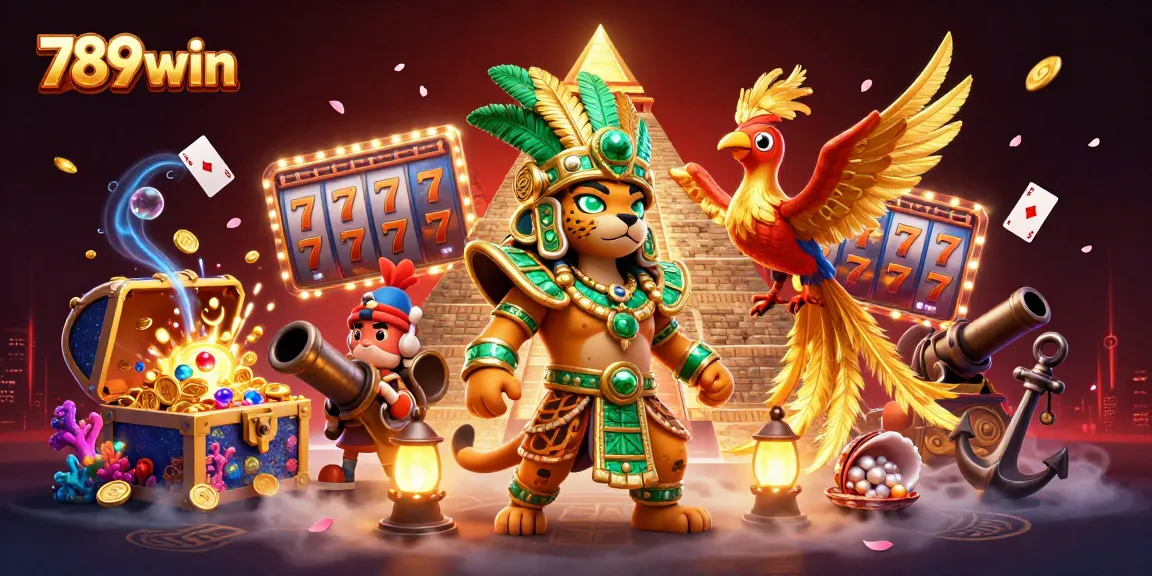 Immerse in 789win's thrilling jackpot experience with a vibrant casino scene featuring slot reels and treasures