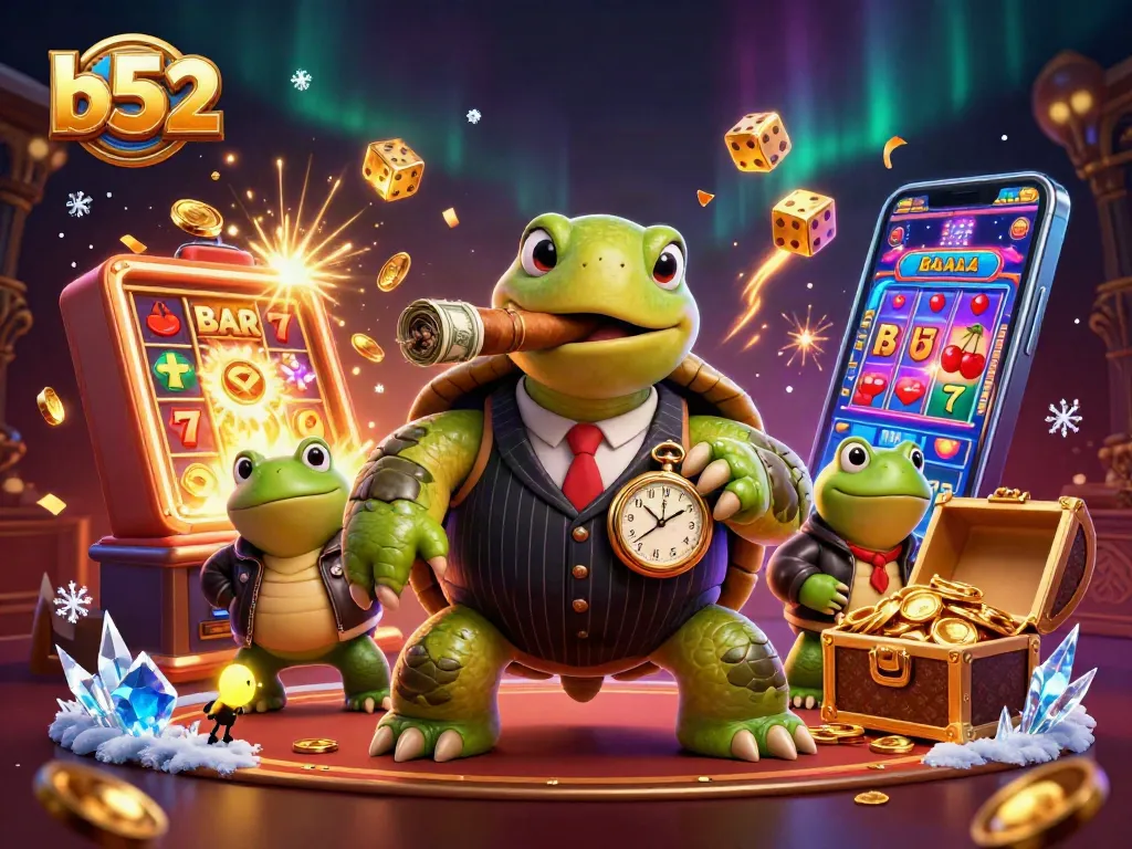 Experience the thrill of b52 gaming with a vibrant illustrated casino scene featuring animated characters and slot machines.