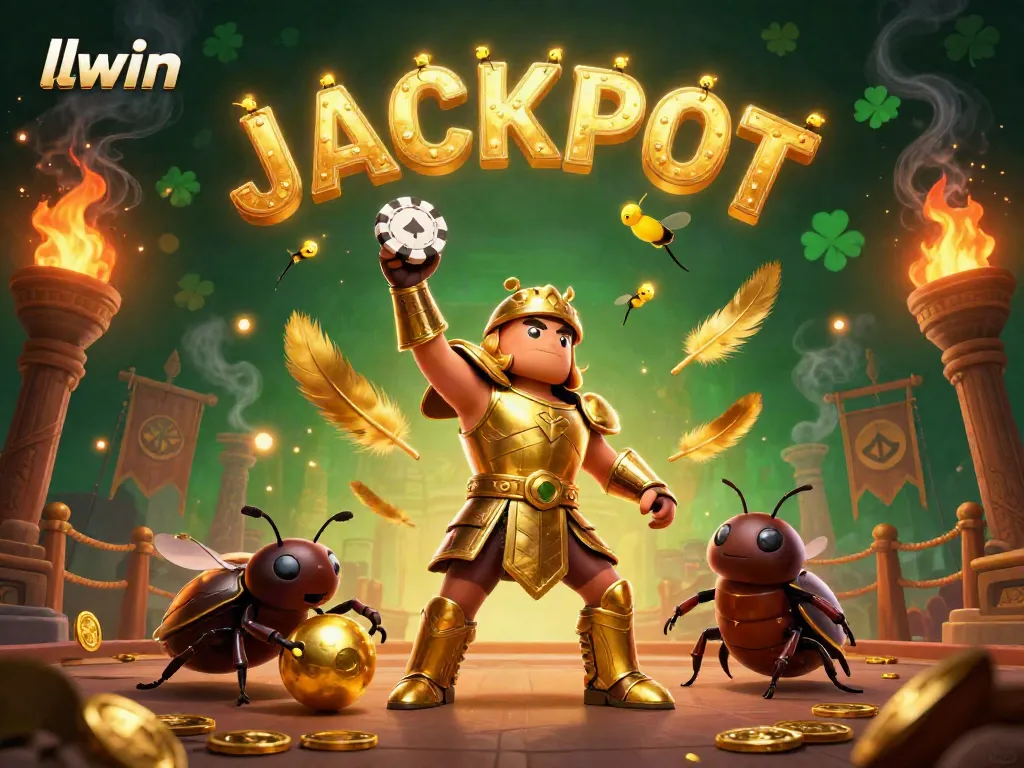 Experience jackpot excitement with llwin's dynamic scene featuring vibrant gambling elements and cartoon beetles.
