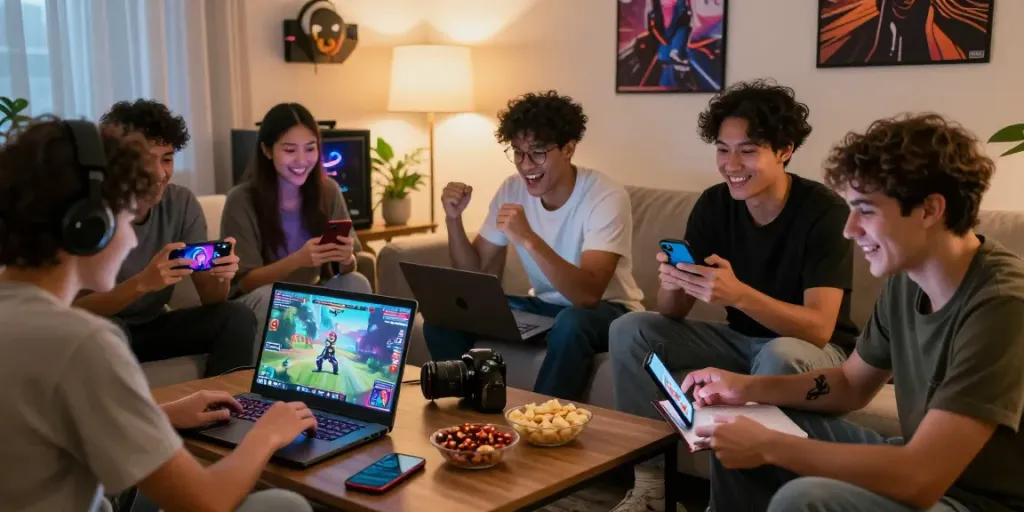 Group of friends enjoying DEBET online gaming together, vibrant atmosphere, cozy living room lighting.