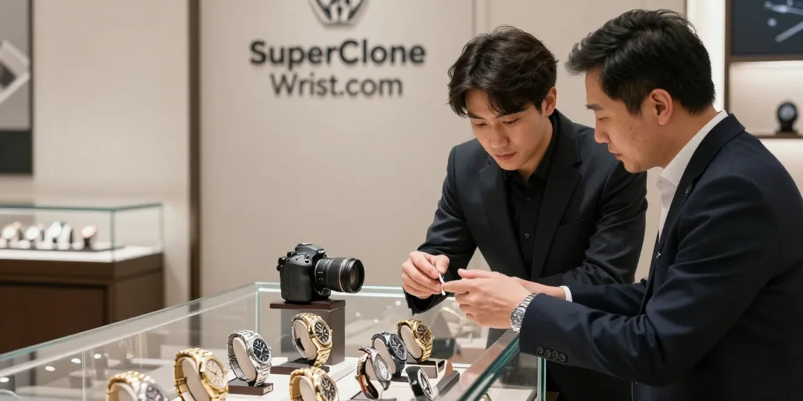 Engaged customer examining premium clone watches in an elegant showroom.