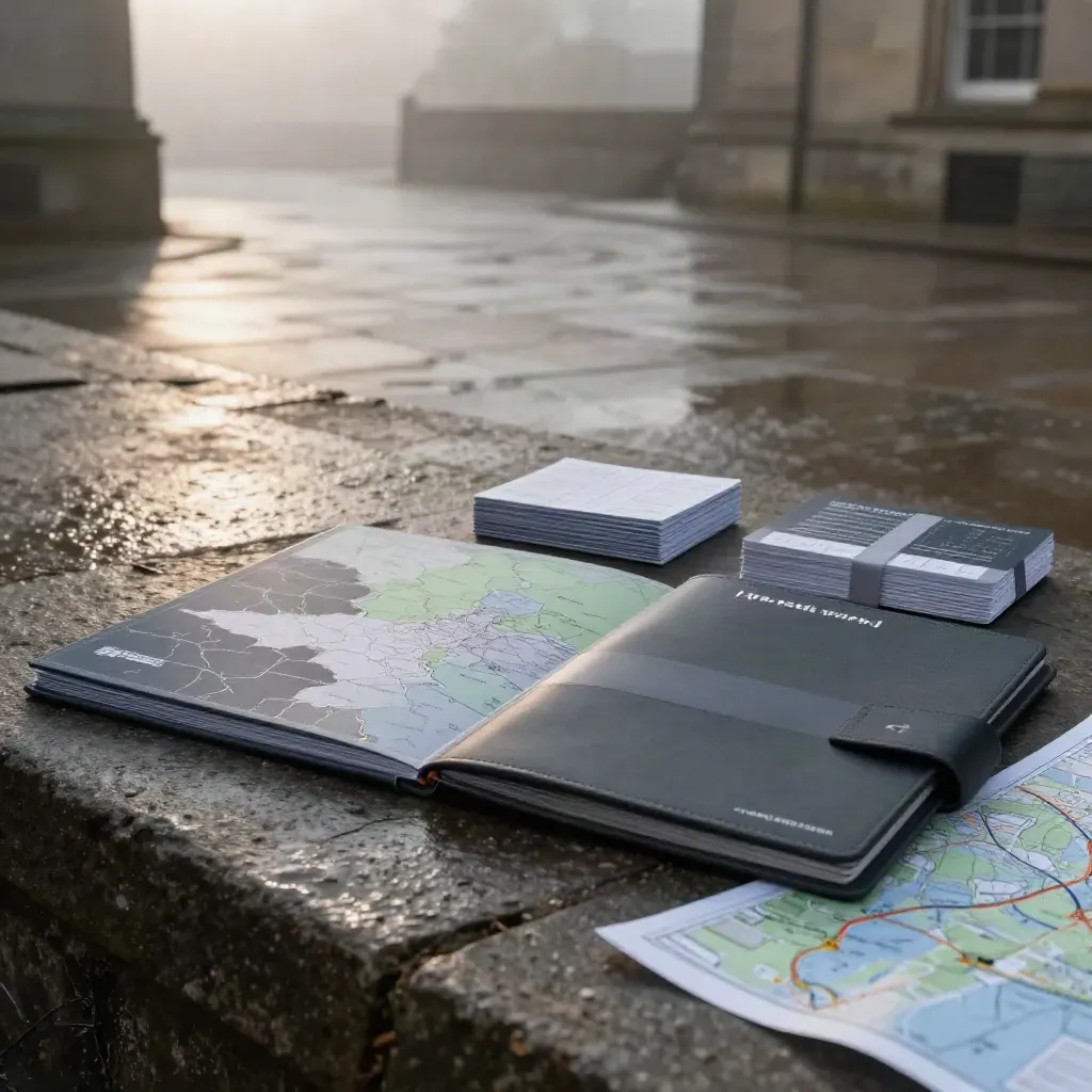 Rain-damp UK site selector kit with translucent maps, report sleeve and data case on stone