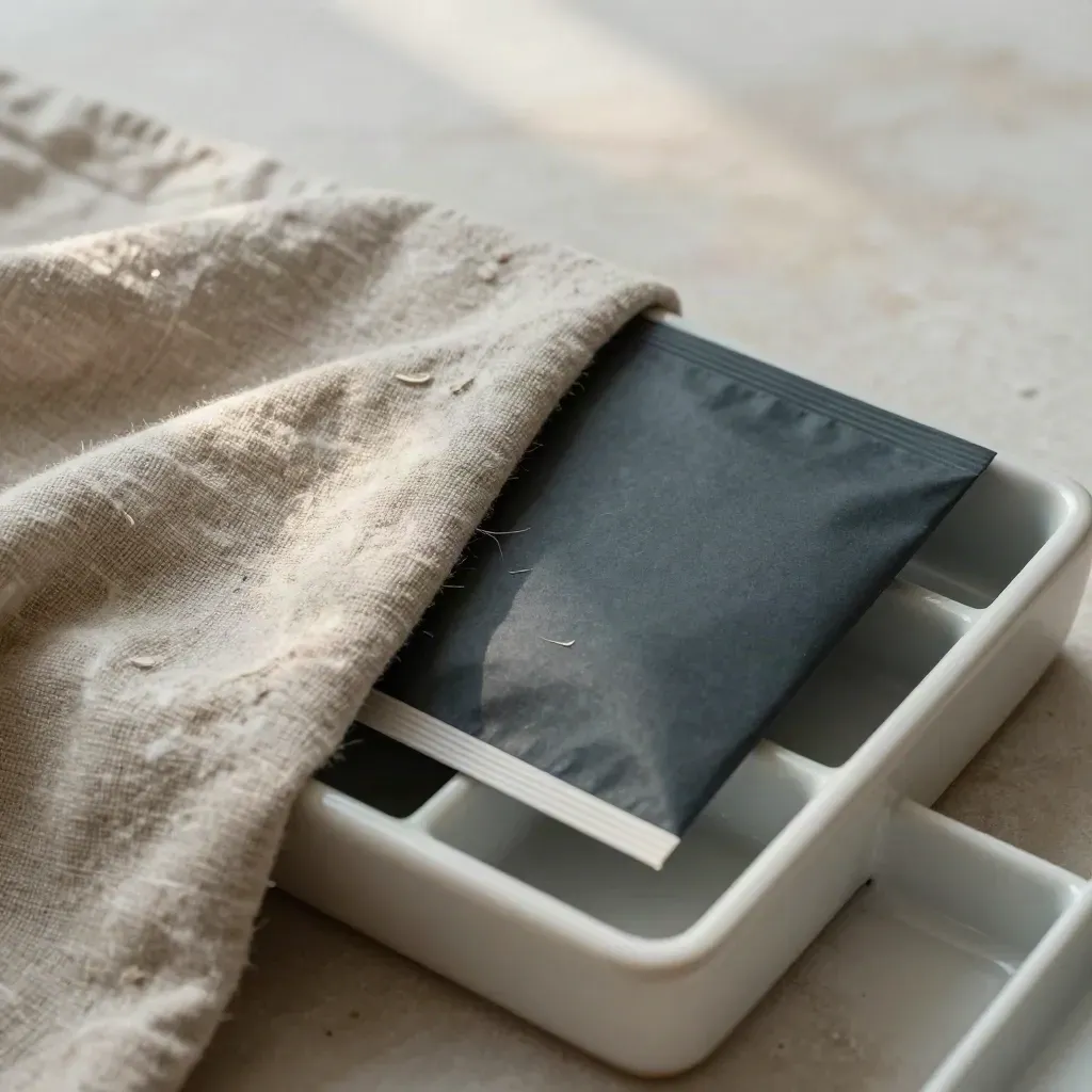 Dark slate packet in ceramic tray with linen drape on a pale plaster surface
