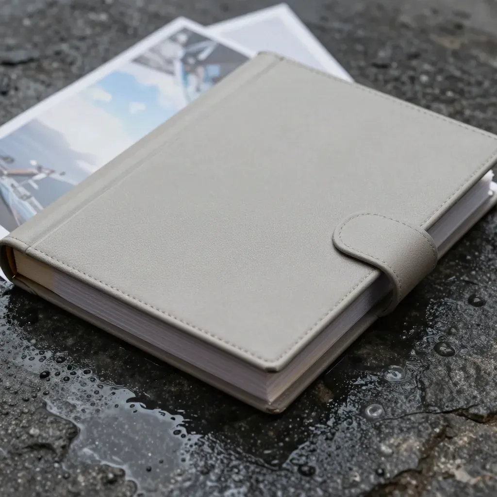 Rain-darkened stone under a matte binder with clear map sleeves and a slim index block