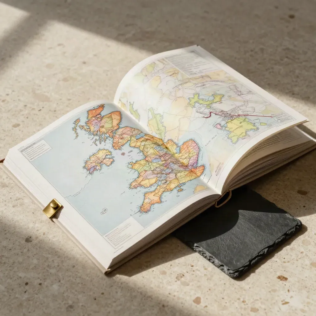 Open heatmap atlas with translucent pages and brass clip on travertine in soft haze