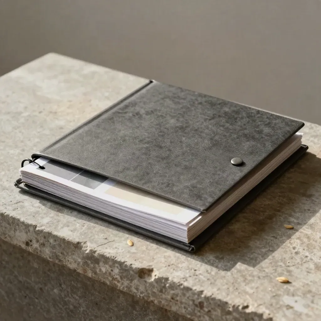 Charcoal store audit bundle on limestone edge with ring-bound set and folded abstract sheet