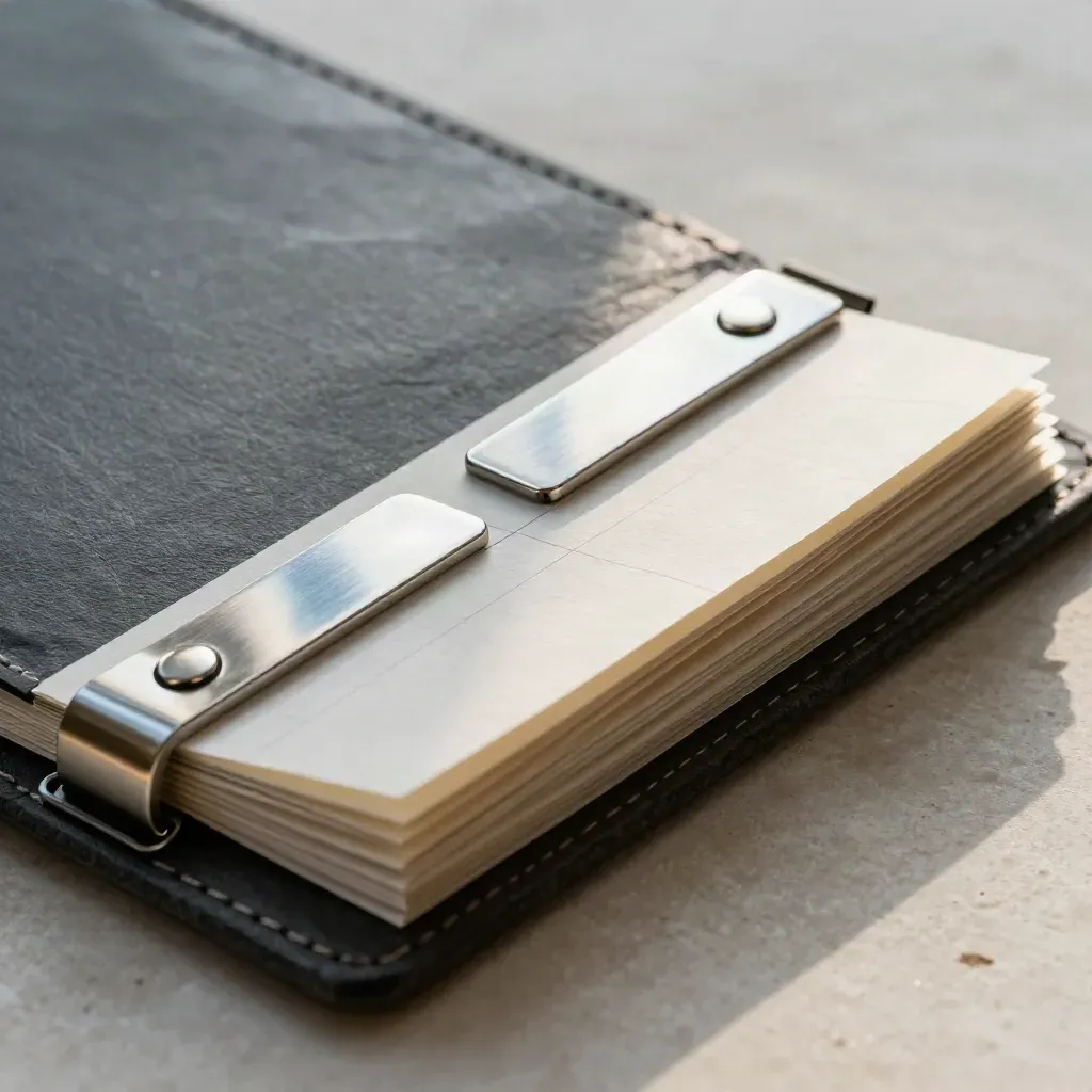 Matte folder, folded pathway board, and metal tabs on pale stone