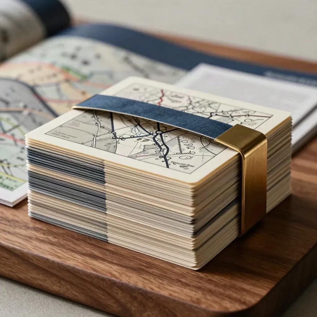 Macro stack of modular map cards and route ribbon on warm bronze-toned walnut