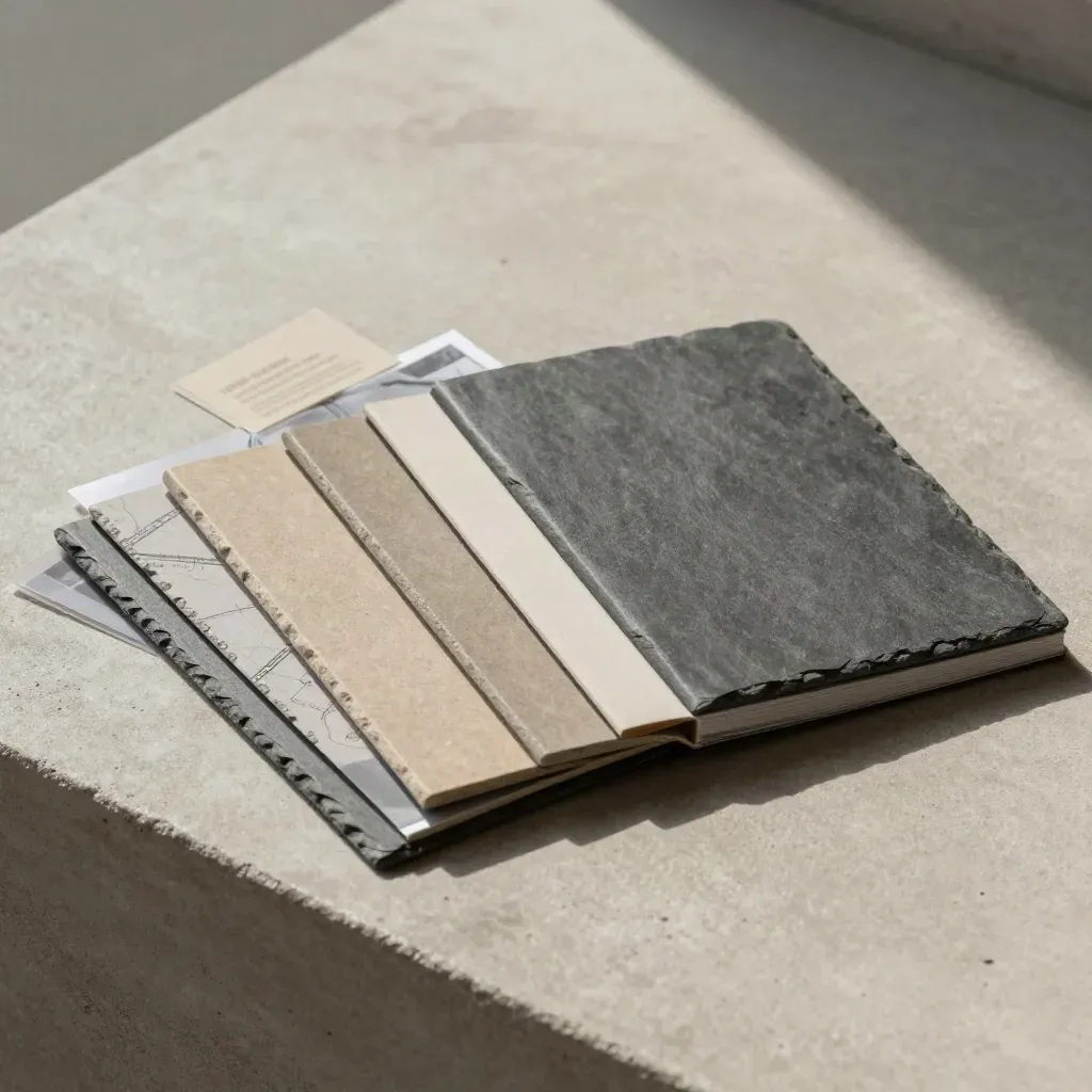 Overhead flatlay of a planning area report folio, tile sample and divider strip on pale concrete.