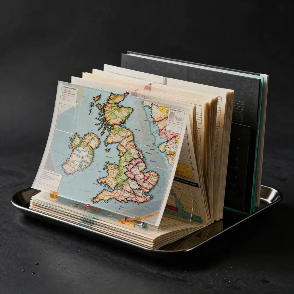 Dark studio pack of UK map sheets and translucent overlays bursting from a polished tray.