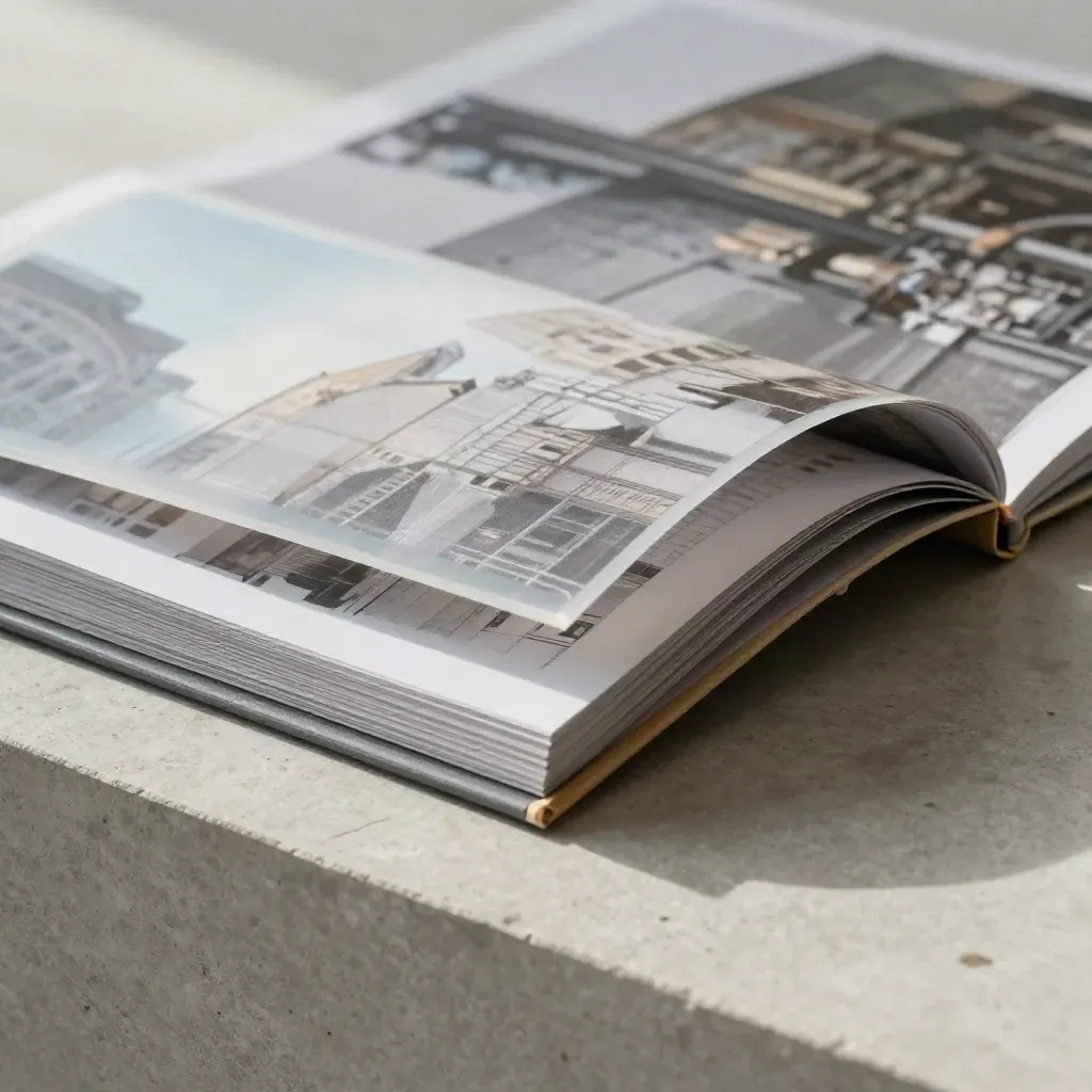 Macro of a London site pack folio with translucent layers and a concrete block.