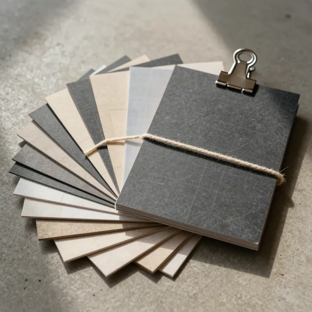 Overhead flatlay of Manchester catchment map cards, rope tie and metal clip on warm concrete.