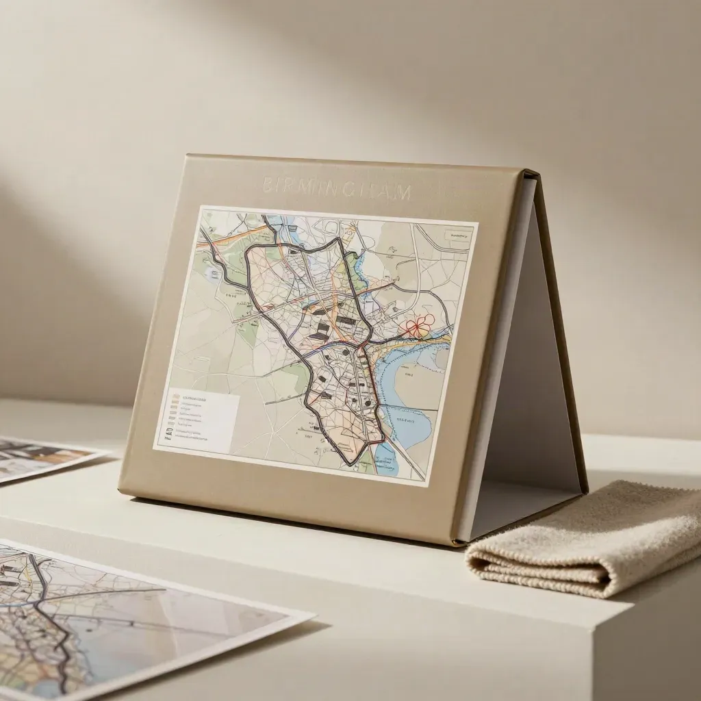 Upright trade map box with translucent inserts beside a folded wool swatch