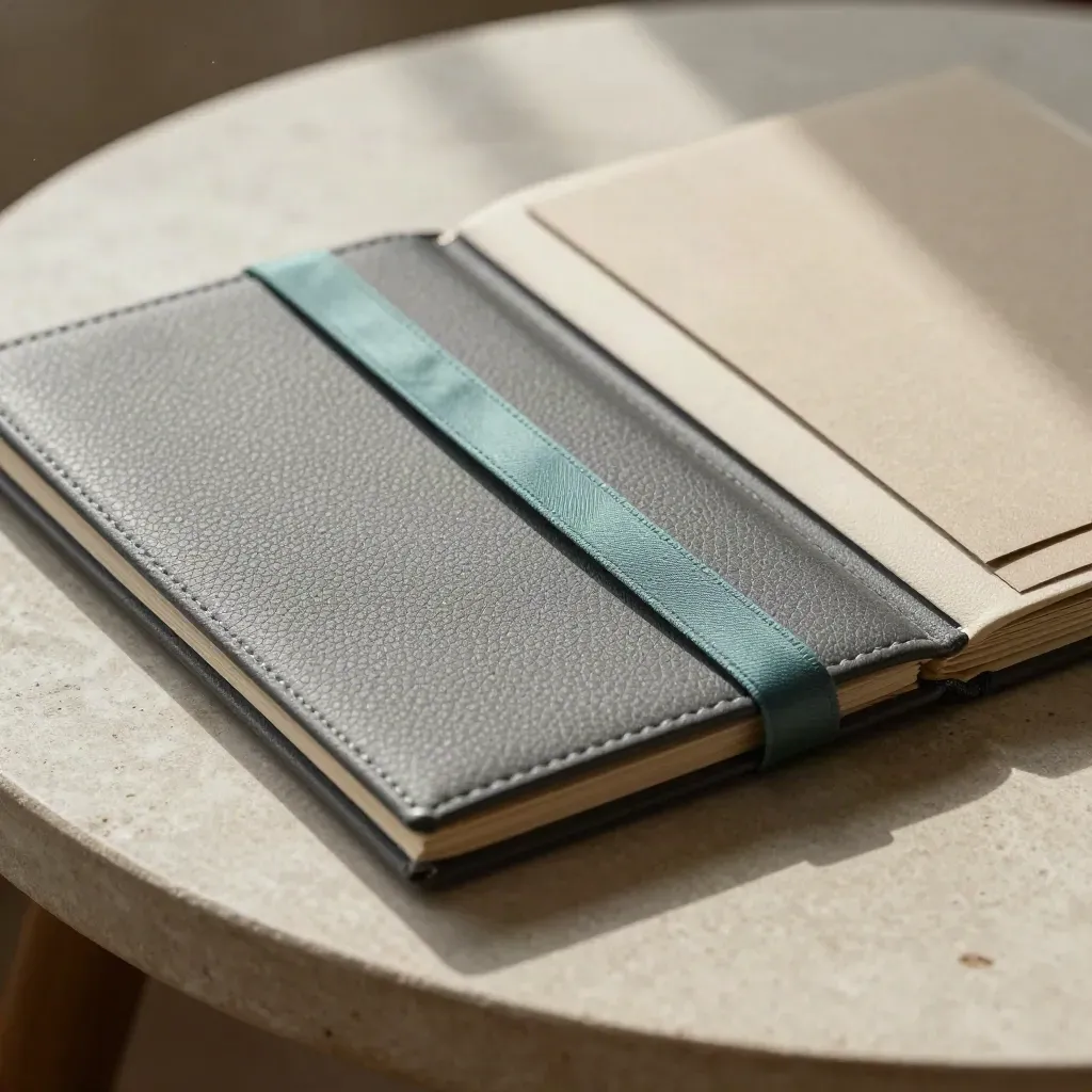 Graphite route list folder with a teal ribbon curling from the seam on stone.