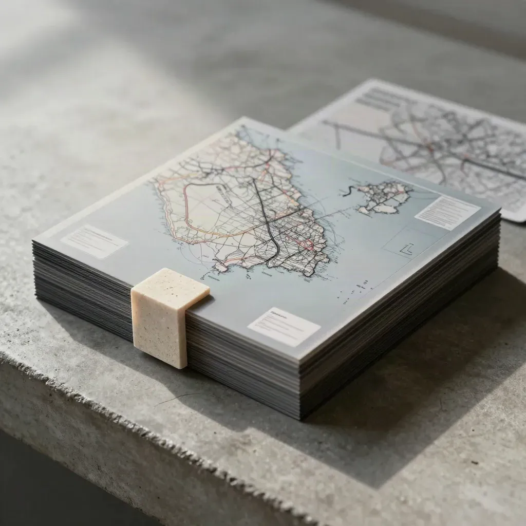 Glasgow territory map stack with acetate layers and a stone weight on concrete.