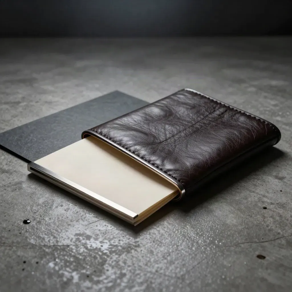 Dark leather planning pack with cream insert and metal strip on concrete, dramatic low-angle studio light