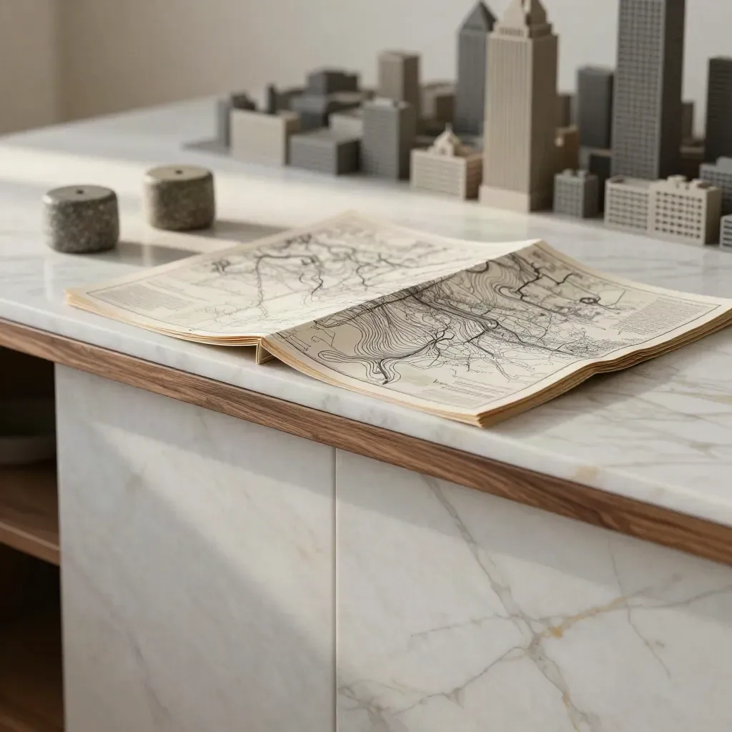 Marble counter with folded atlas, stone weights, and blurred city model in warm light.