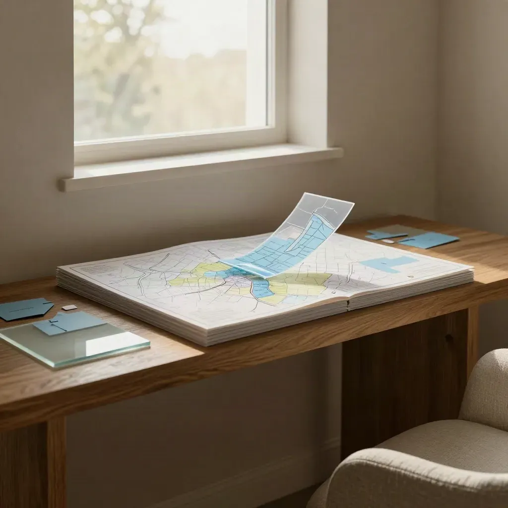 Warm interior corner with layered map overlays on oak console in morning haze.