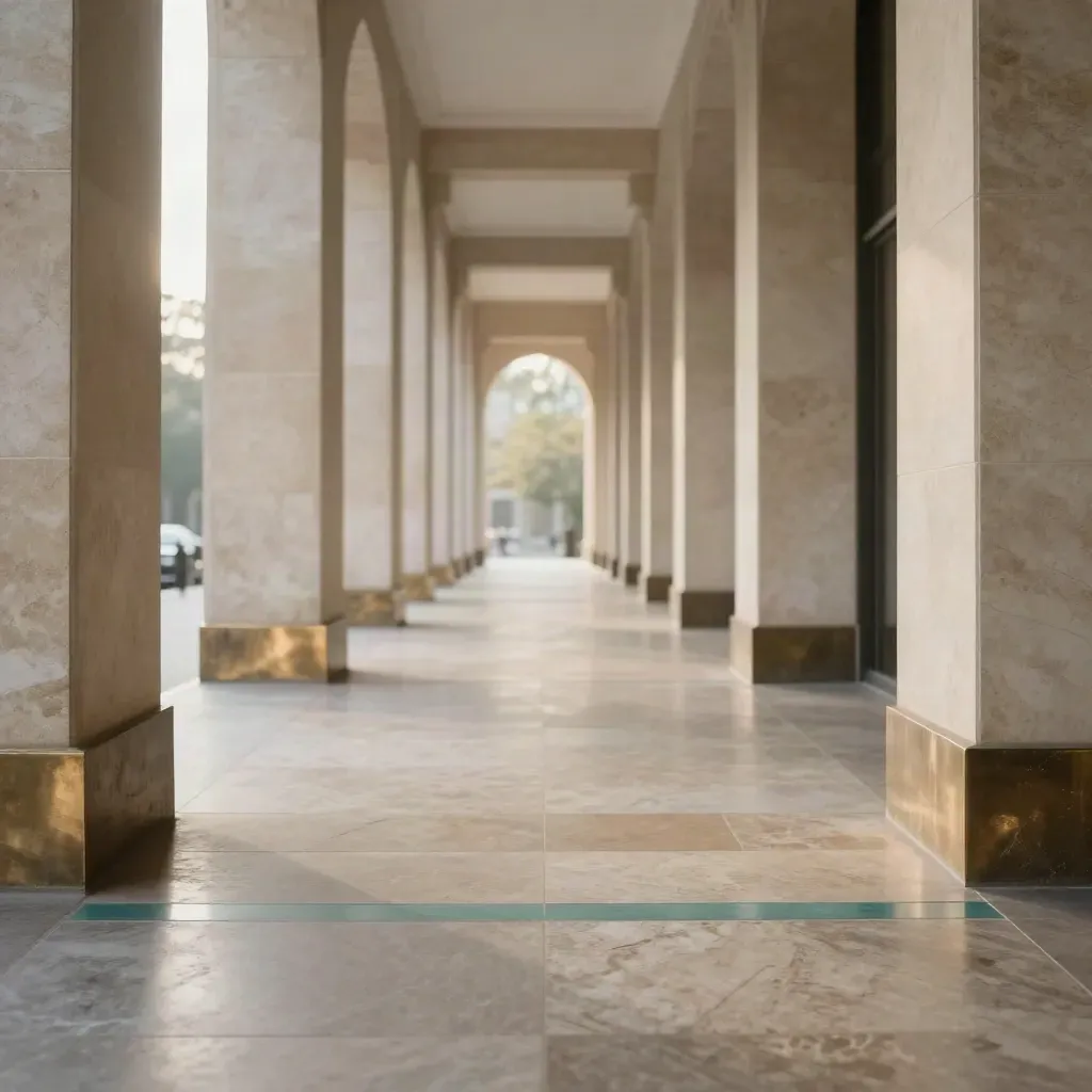 Sunlit stone walkway with columns and glowing vanishing point, calm space for copy.