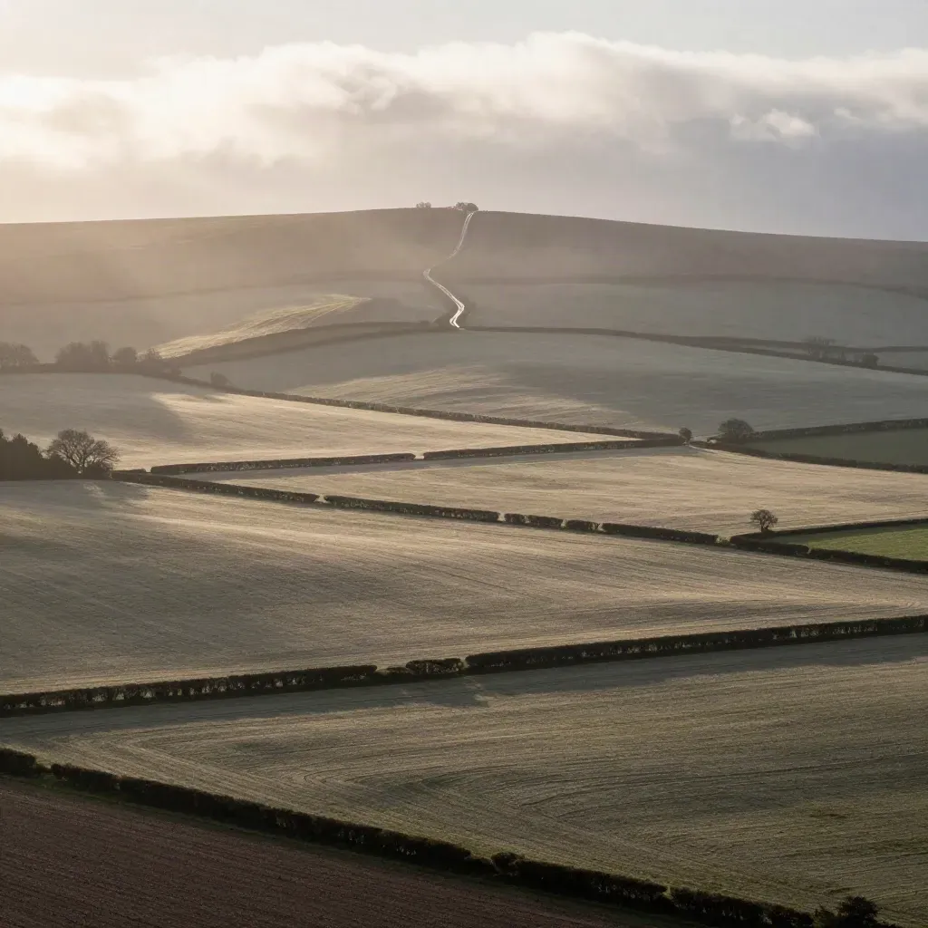 Rolling valley with hedges, winding lane, and misty ridge under drifting cloud shadow.