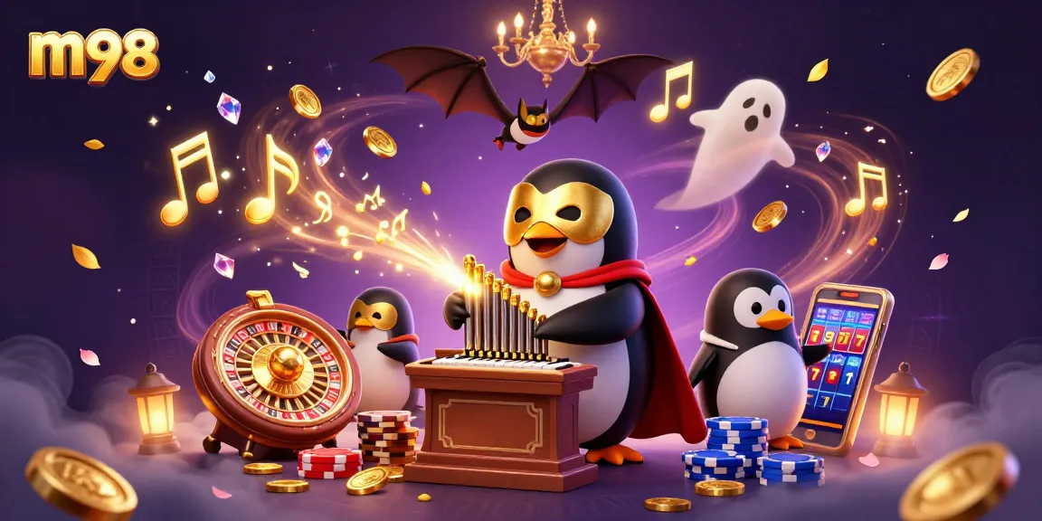 Experience m98's thrilling casino world with a penguin and bat, winning big!