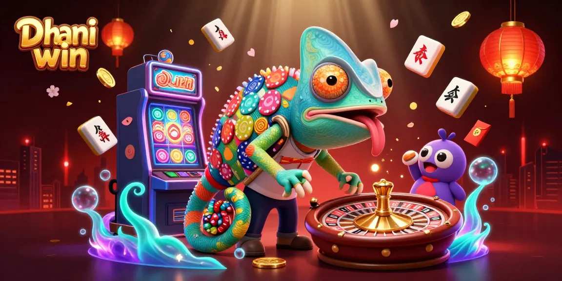 Dive into Dhani win's thrilling gaming world with a vibrant 3D chameleon casino owner and dynamic illustrations.