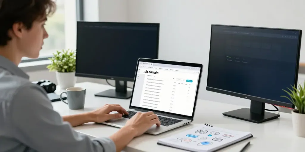 A young professional conducting .uk domain registration search in a modern office environment, showcasing productivity.