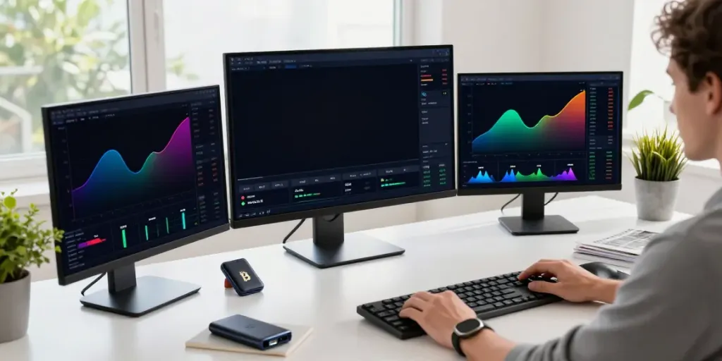 Engaging scene showcasing an English Kick stream enthusiast using a modern trading setup for cryptocurrency analysis.