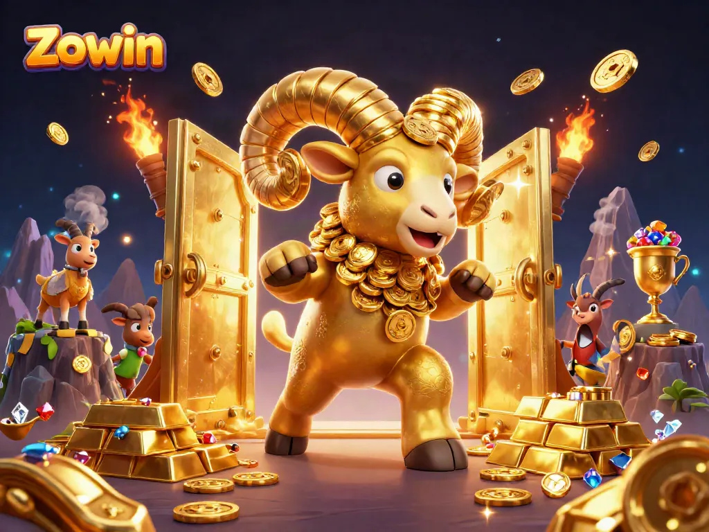 Zowin captures the thrill of gaming with a dynamic illustration featuring a golden ram charging through a treasure vault.