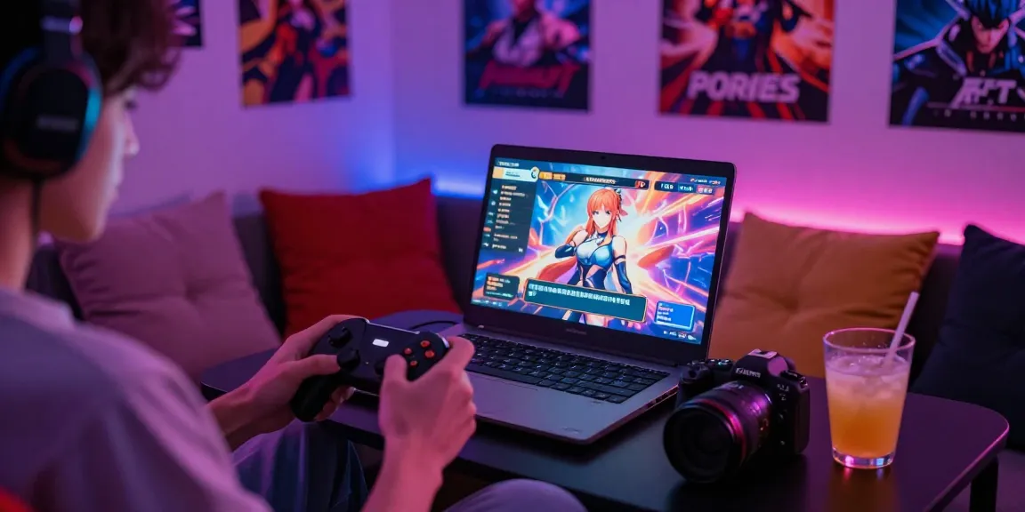 Player immersed in a vibrant gaming scene, enjoying a hentai game with a laptop and neon lighting.