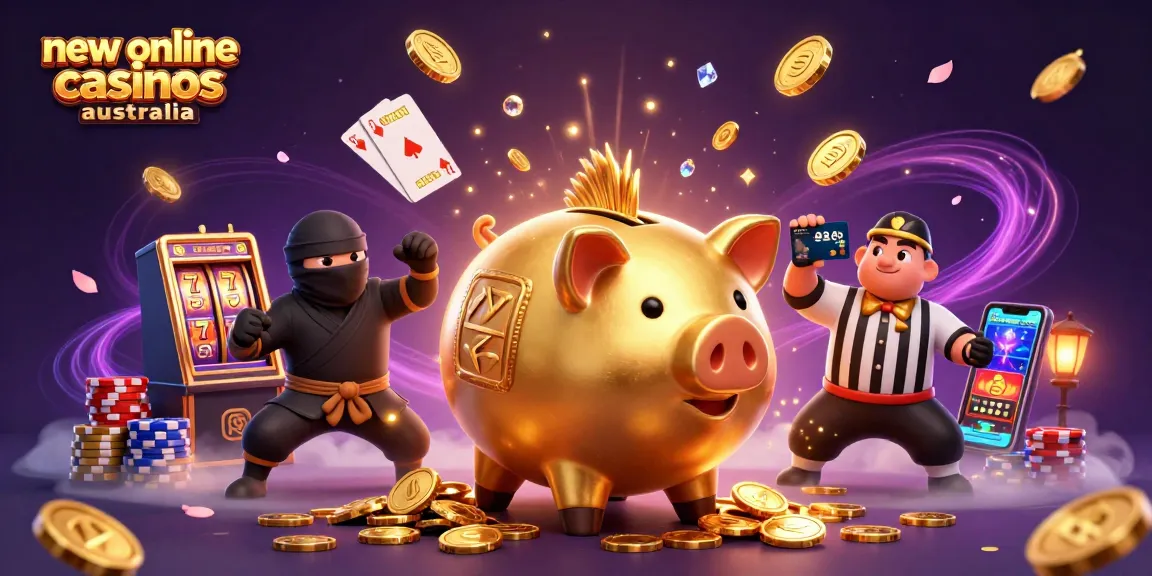 Experience exciting wins at new online casinos Australia with slot reels and royal flush playing cards.