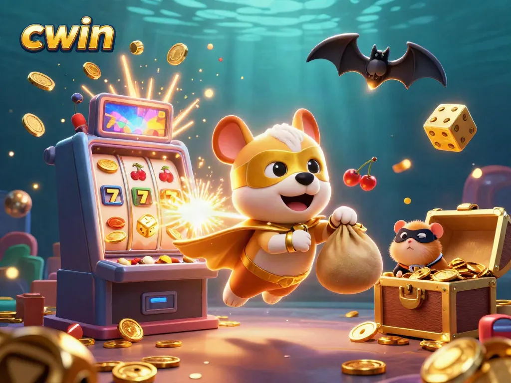 Cwin's mascot, a superhero dog flying, showcases the allure of casino gaming with a jackpot backdrop.