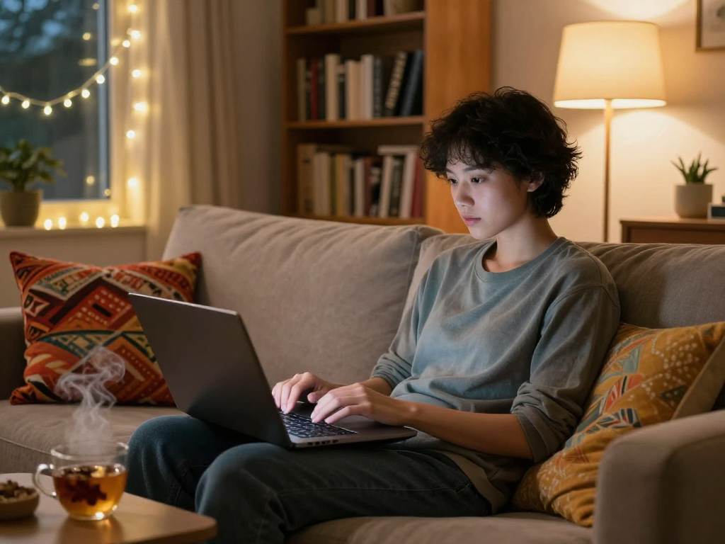 Engaging ai porn chat in a cozy living room with warm lighting and inviting decor.