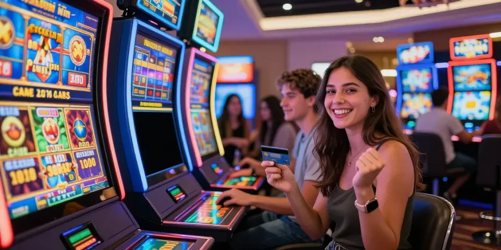 Players celebrating wins at the best casinos for credit cards online, showcasing vibrant slot machines and promotions.