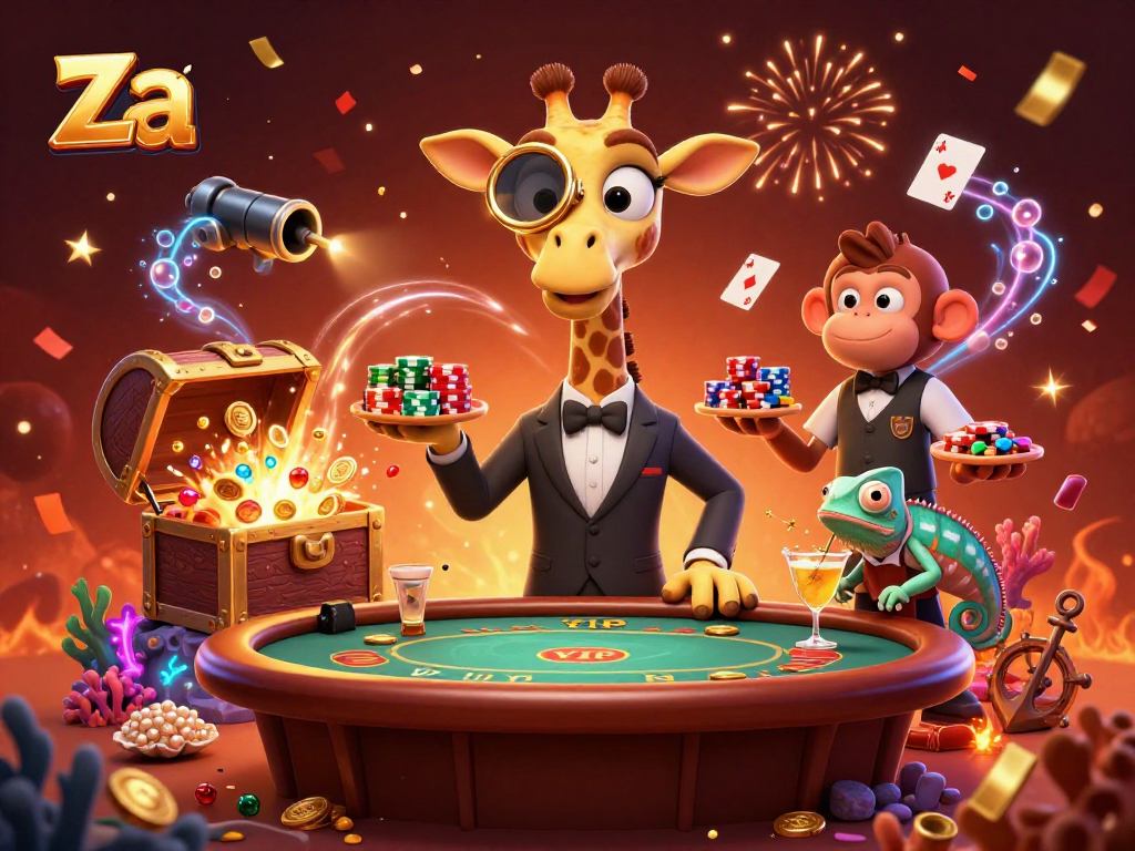 Engage in the thrilling atmosphere of za with a high-roller giraffe at a poker table, showcasing casino excitement.