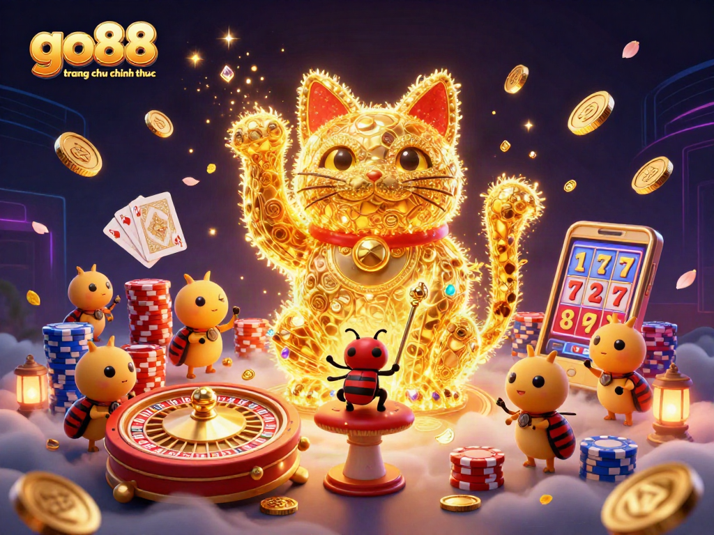Win big with go88 trang chu chinh thuc featuring a vibrant lucky cat and casino symbols.